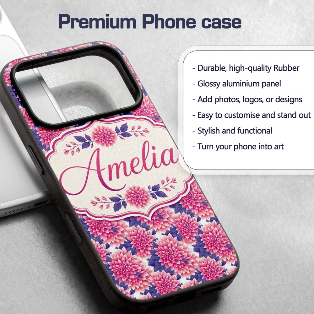 Pink Dahlia Floral Bloom with Soft Purple Leaves Custom Name Protective Phone Case Mobile Cover Durable Everyday Smartphone Shock Resistant