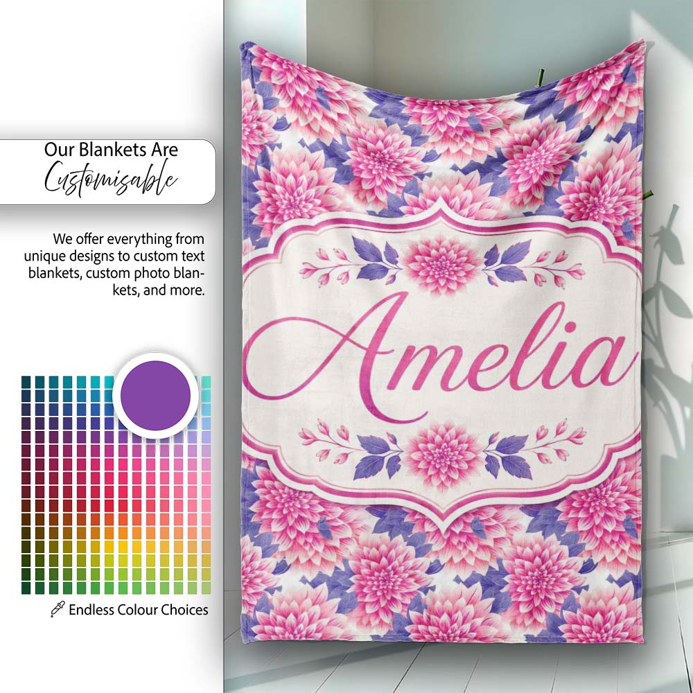 Pink Dahlia Floral Bloom with Soft Purple Leaves Seamless Pattern  Personalised Custom Name Super Soft Fleece Blanket Bed Sofa Throw