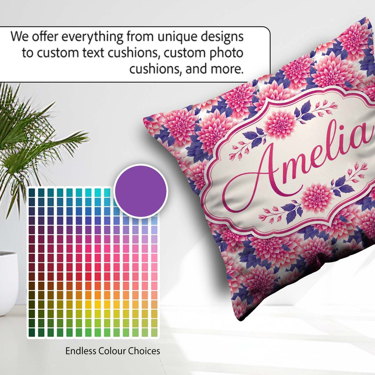 Custom Name Pink Dahlia Floral Bloom with Purple Leaves Seamless Square Filled Cushion Throw Pillow Sofa Bed Home Decor Zip Washable UK Made
