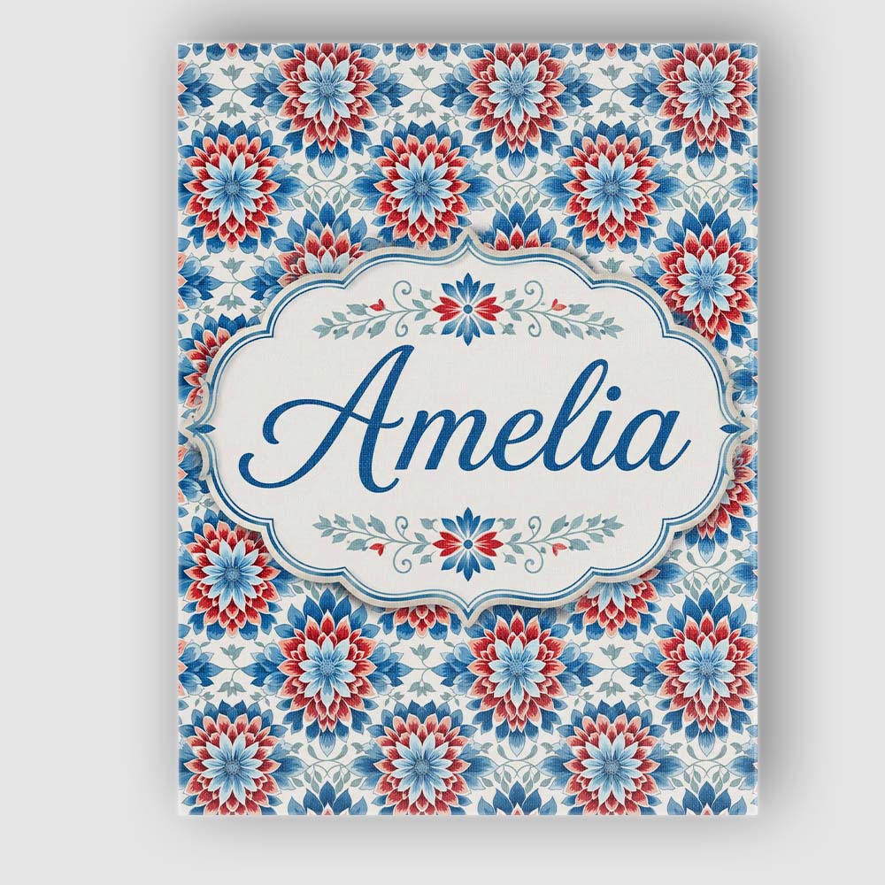 Personalised Name Blue and Red Floral Custom Modern Room Accent Creative Decorator Style Canvas Wall Art Print Decor Picture Ready to Hang