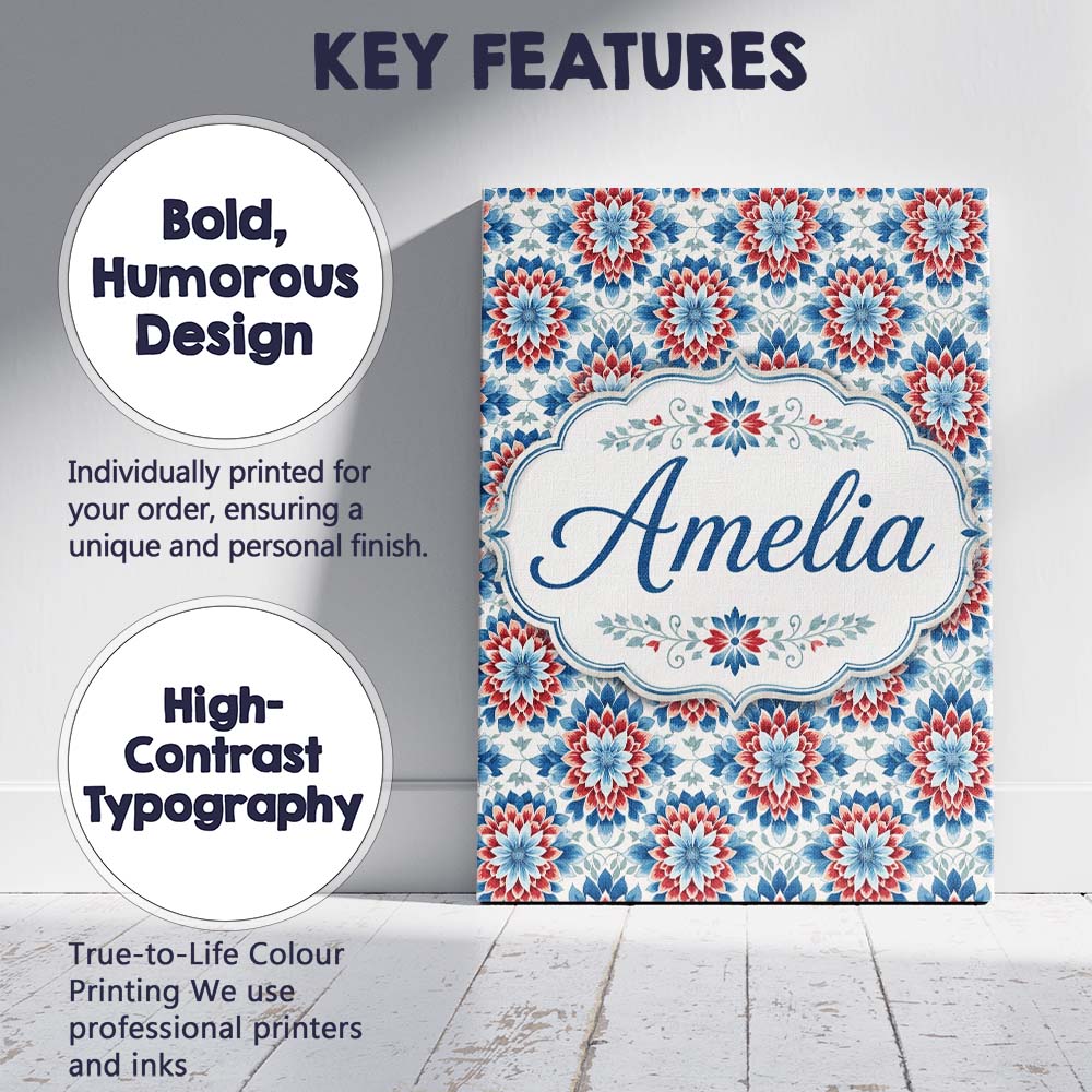 Personalised Name Blue and Red Floral Custom Modern Room Accent Creative Decorator Style Canvas Wall Art Print Decor Picture Ready to Hang