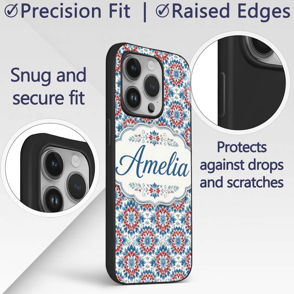 Blue and Red Floral Mandala Tile Seamless Pattern Custom Name Protective Phone Case Mobile Cover Durable Everyday Smartphone Shock Resistant