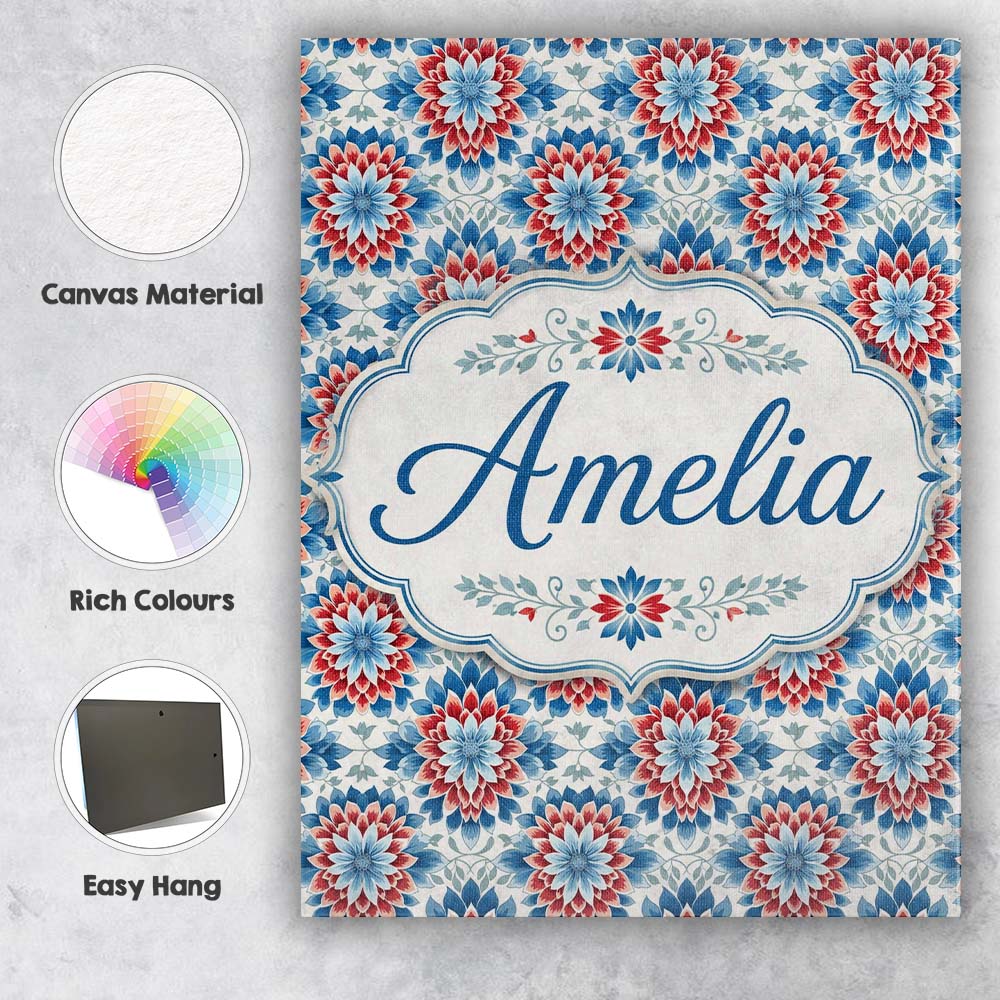 Personalised Name Blue and Red Floral Custom Modern Room Accent Creative Decorator Style Canvas Wall Art Print Decor Picture Ready to Hang