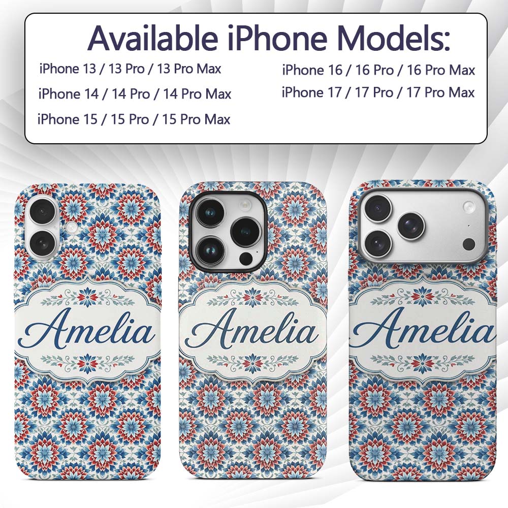 Blue and Red Floral Mandala Tile Seamless Pattern Custom Name Protective Phone Case Mobile Cover Durable Everyday Smartphone Shock Resistant