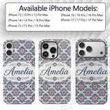 Blue and Red Floral Mandala Tile Seamless Pattern Custom Name Protective Phone Case Mobile Cover Durable Everyday Smartphone Shock Resistant