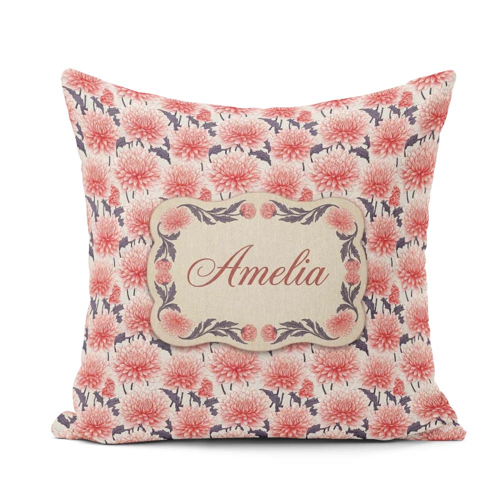 Custom Name Soft Coral Dahlia Flower Garden Seamless Pattern Square Filled Cushion Throw Pillow Sofa Bed Home Decor Zip Washable UK Made