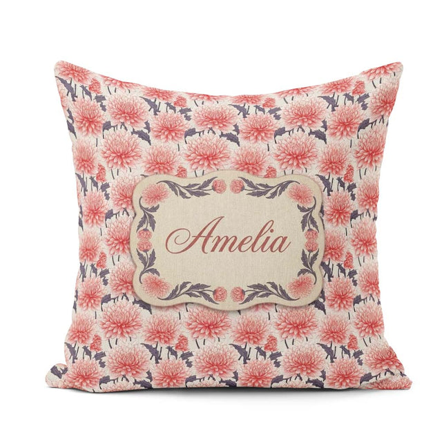 Custom Name Soft Coral Dahlia Flower Garden Seamless Pattern Square Filled Cushion Throw Pillow Sofa Bed Home Decor Zip Washable UK Made