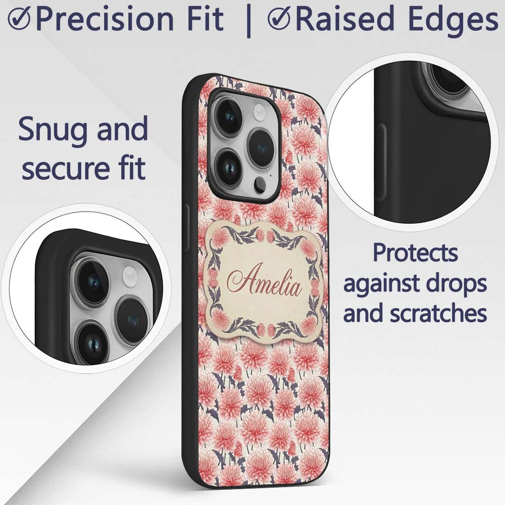 Soft Coral Dahlia Flower Garden Seamless Pattern Custom Name Protective Phone Case Mobile Cover Durable Everyday Smartphone Shock Resistant