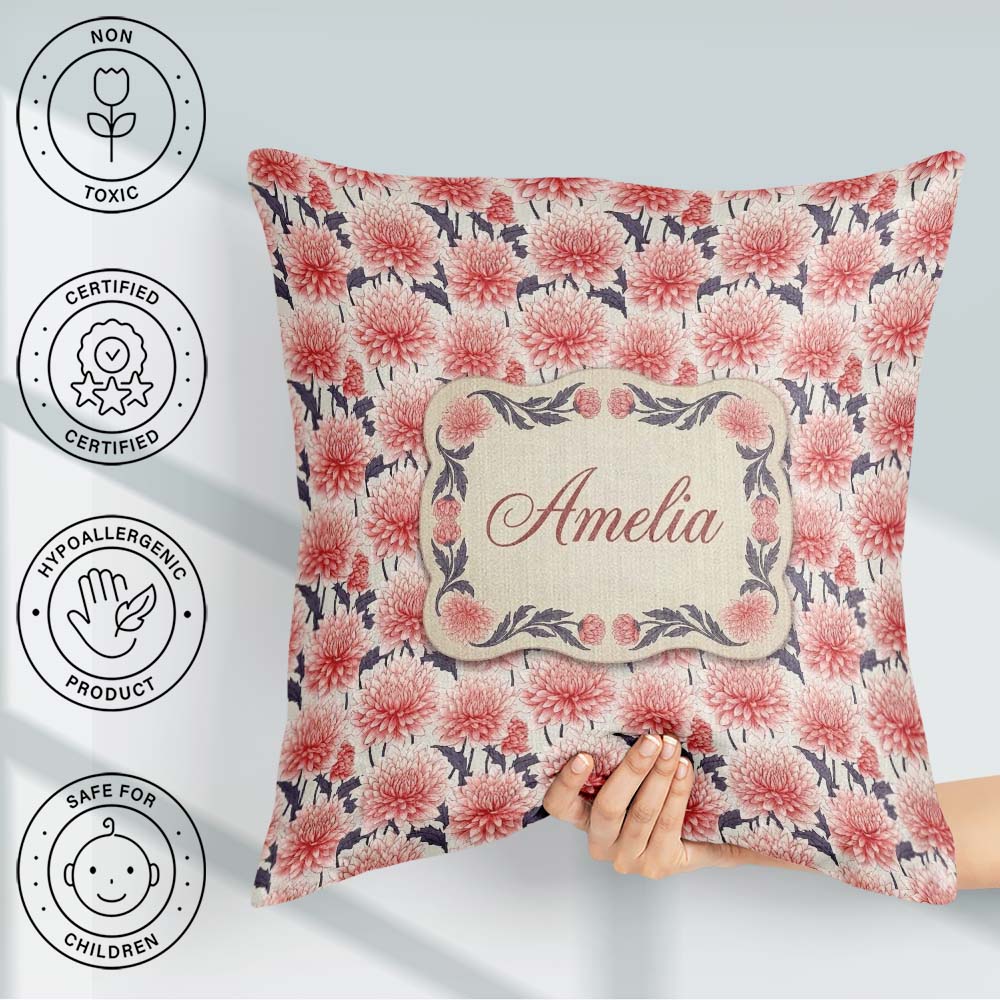 Custom Name Soft Coral Dahlia Flower Garden Seamless Pattern Square Filled Cushion Throw Pillow Sofa Bed Home Decor Zip Washable UK Made