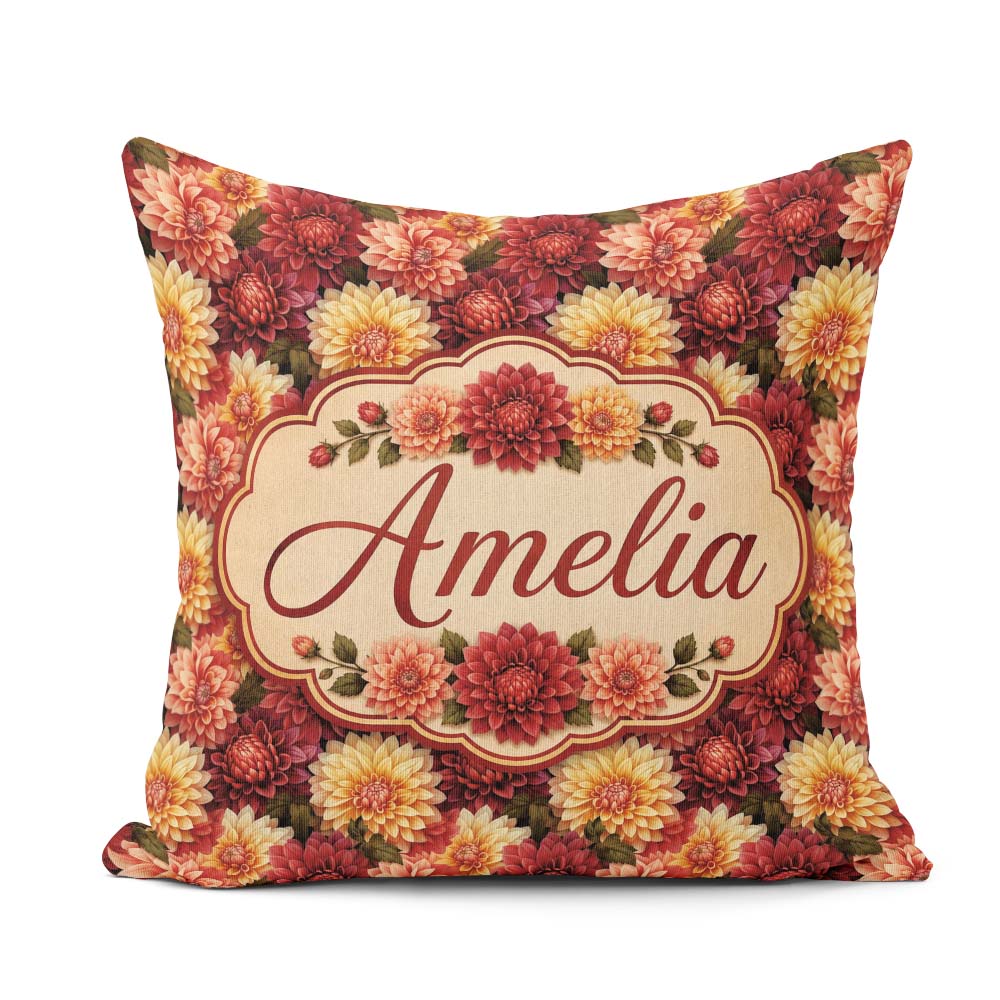 Custom Name Warm Autumn Dahlia Floral Mix Seamless Pattern Idea Square Filled Cushion Throw Pillow Sofa Bed Home Decor Zip Washable UK Made