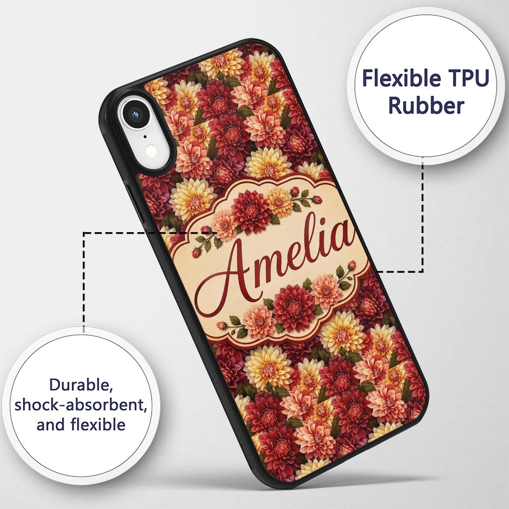 Warm Autumn Dahlia Floral Mix Seamless Pattern Custom Name Protective Phone Case Mobile Cover Durable Everyday Smartphone Shock Resistant