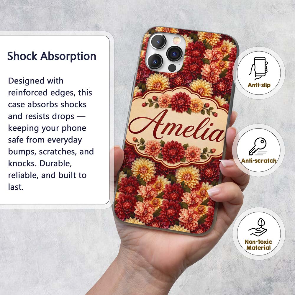 Warm Autumn Dahlia Floral Mix Seamless Pattern Custom Name Protective Phone Case Mobile Cover Durable Everyday Smartphone Shock Resistant