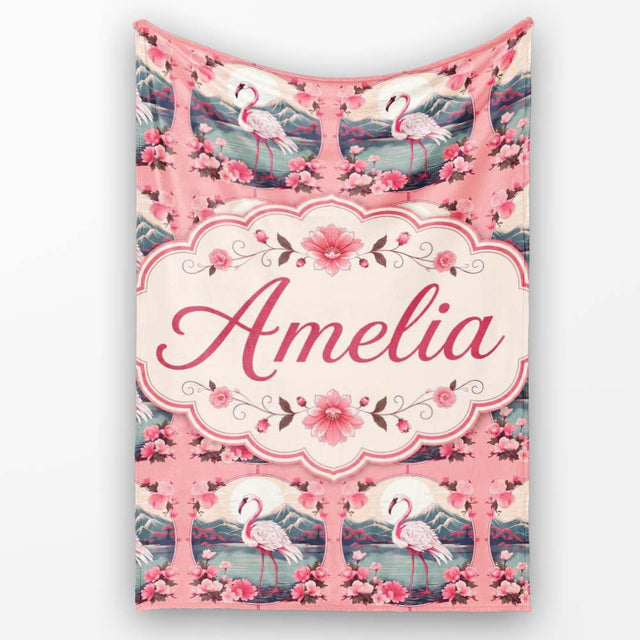 Elegant Flamingo with Cherry Blossom Lake Scene Seamless Pattern  Personalised Custom Name Super Soft Fleece Blanket Bed Sofa Throw