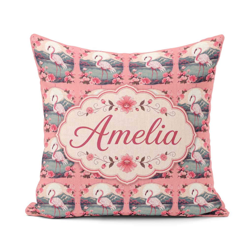 Custom Name Elegant Flamingo with Blossom Scene Seamless Pattern Square Filled Cushion Throw Pillow Sofa Bed Home Decor Zip Washable UK Made