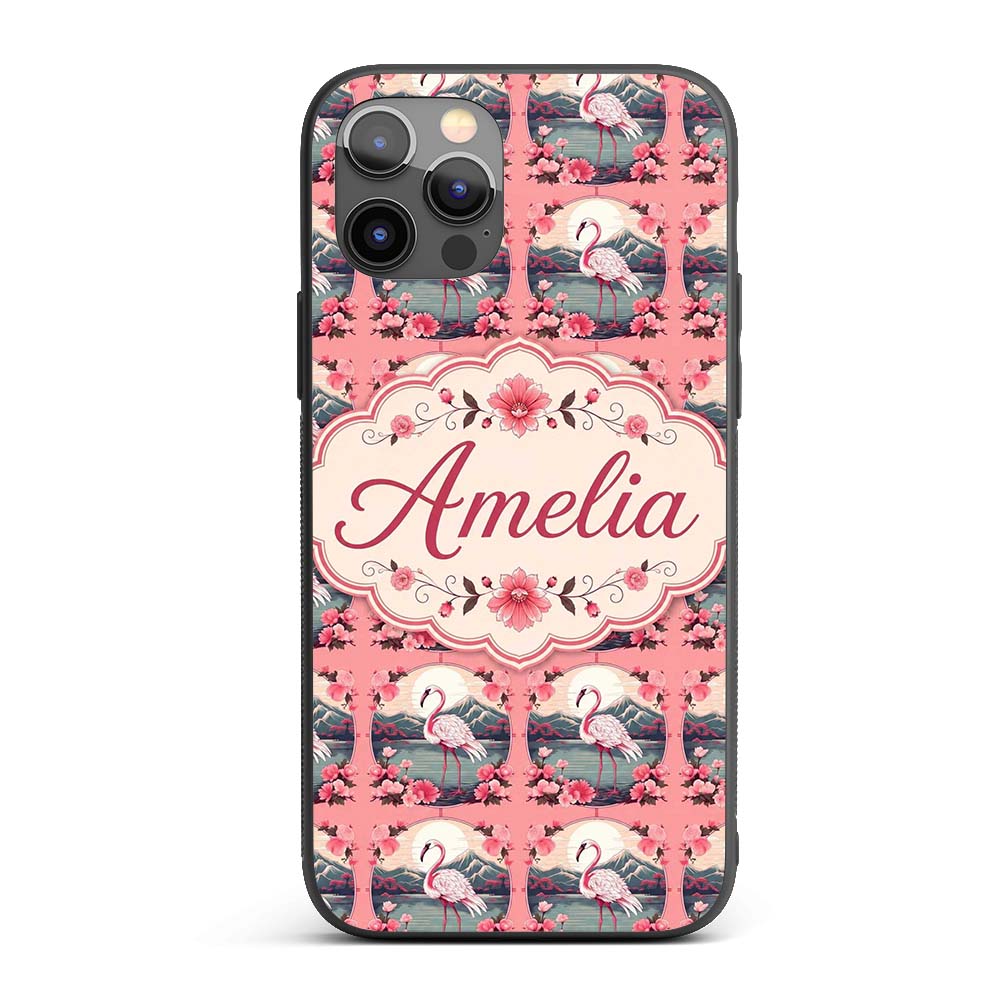 Elegant Flamingo with Cherry Blossom Lake Scene Custom Name Protective Phone Case Mobile Cover Durable Everyday Smartphone Shock Resistant