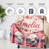 Elegant Flamingo with Cherry Blossom Lake Scene Seamless Pattern  Personalised Custom Name Super Soft Fleece Blanket Bed Sofa Throw