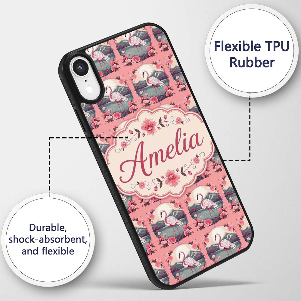 Elegant Flamingo with Cherry Blossom Lake Scene Custom Name Protective Phone Case Mobile Cover Durable Everyday Smartphone Shock Resistant