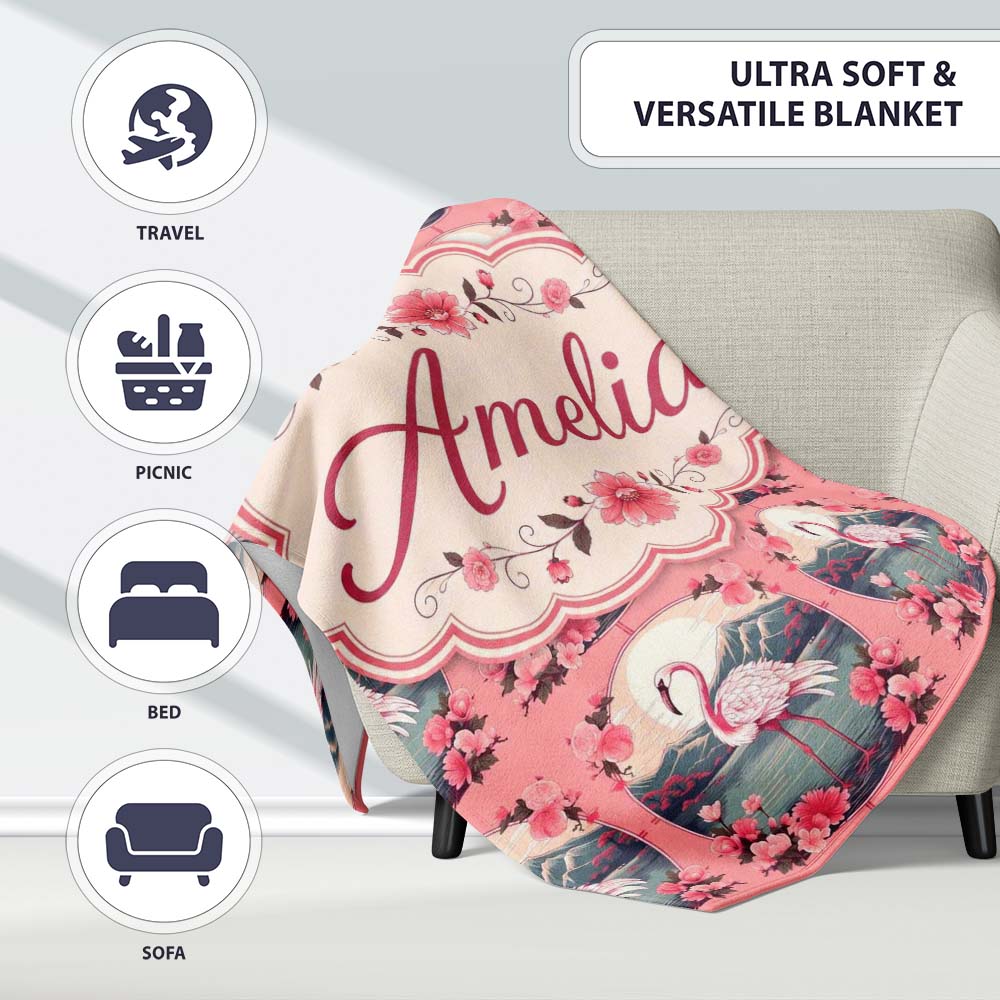 Elegant Flamingo with Cherry Blossom Lake Scene Seamless Pattern  Personalised Custom Name Super Soft Fleece Blanket Bed Sofa Throw