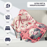 Elegant Flamingo with Cherry Blossom Lake Scene Seamless Pattern  Personalised Custom Name Super Soft Fleece Blanket Bed Sofa Throw
