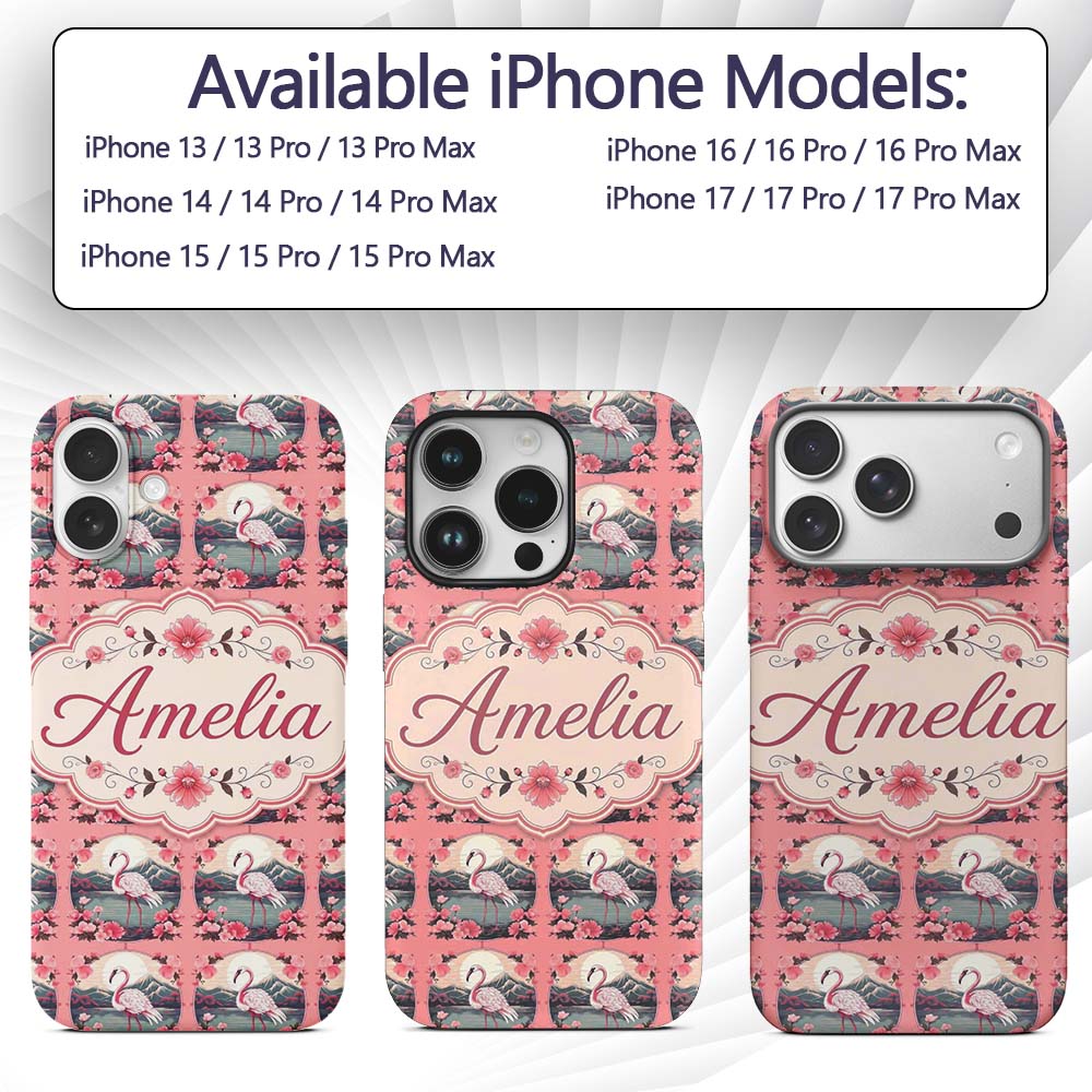 Elegant Flamingo with Cherry Blossom Lake Scene Custom Name Protective Phone Case Mobile Cover Durable Everyday Smartphone Shock Resistant