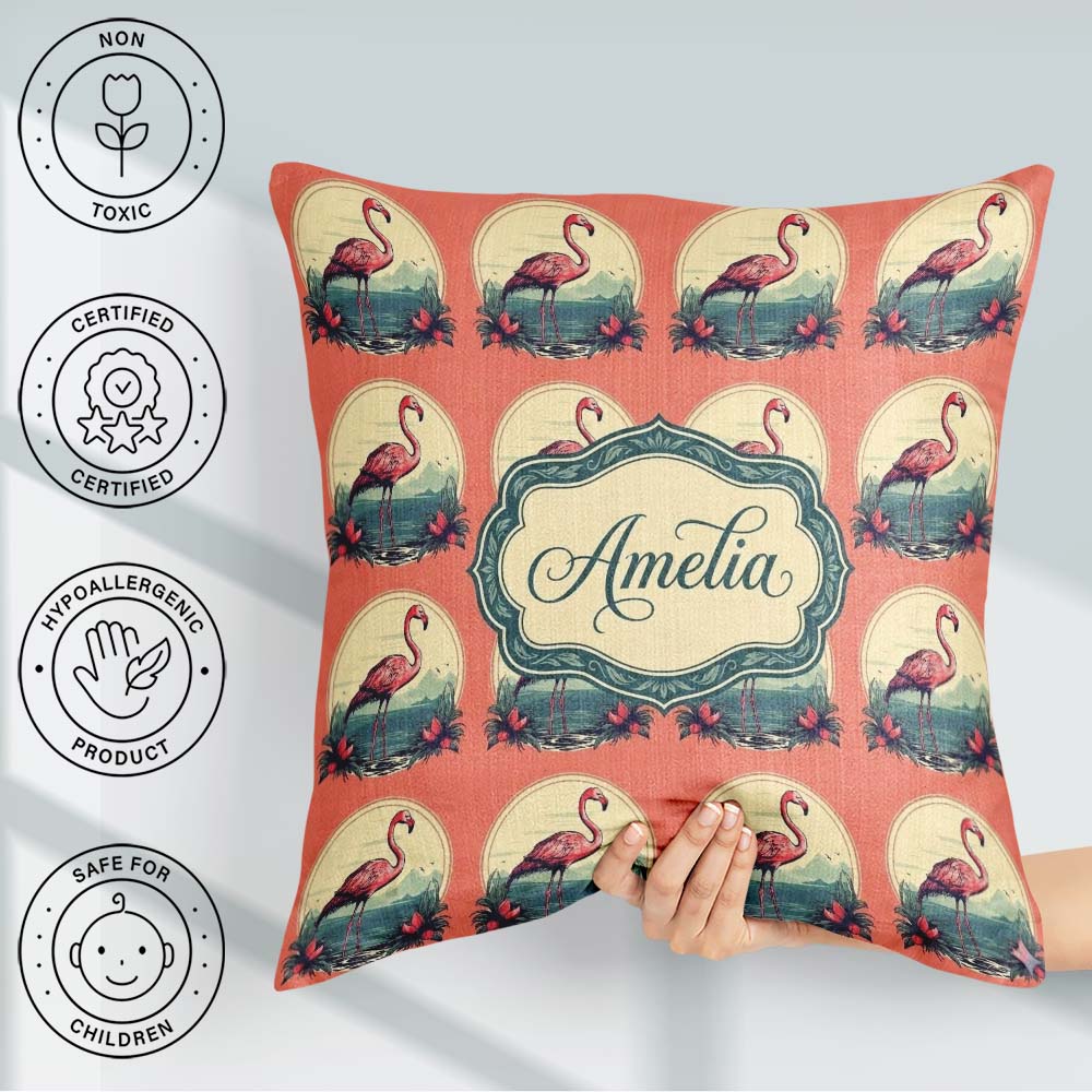 Custom Name Tropical Flamingo Sunset Landscape Seamless Pattern Square Filled Cushion Throw Pillow Sofa Bed Home Decor Zip Washable UK Made