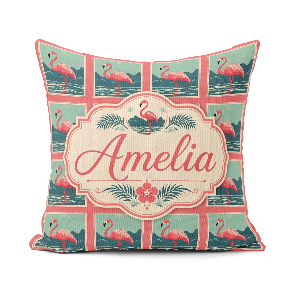 Custom Name Minimal Flamingo Coastal Pattern Seamless Pattern Square Filled Cushion Throw Pillow Sofa Bed Home Decor Zip Washable UK Made