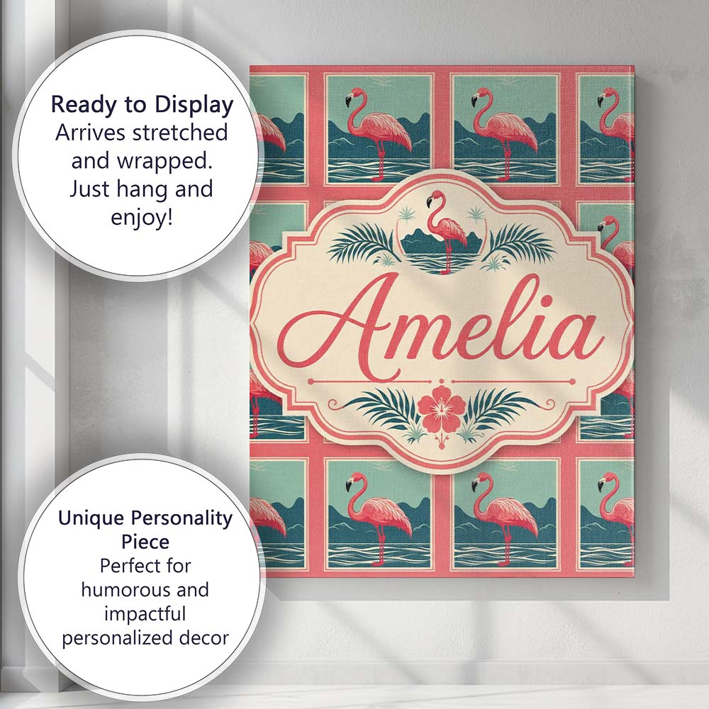 Personalised Name Minimal Flamingo Coastal Custom  Unique Gift Idea Elegant Feature Canvas Wall Art Print Decor Picture Ready to Hang