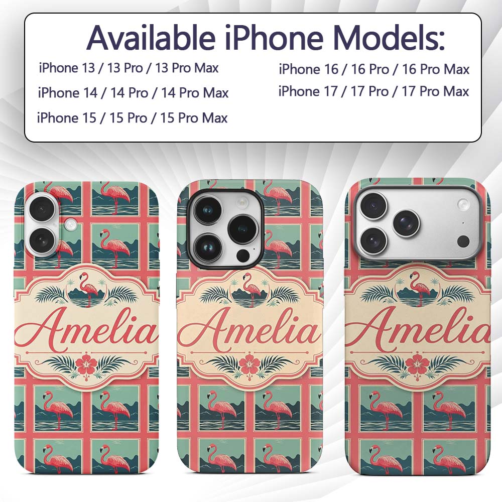 Minimal Flamingo Coastal Frame Pattern Seamless Custom Name Protective Phone Case Mobile Cover Durable Everyday Smartphone Shock Resistant