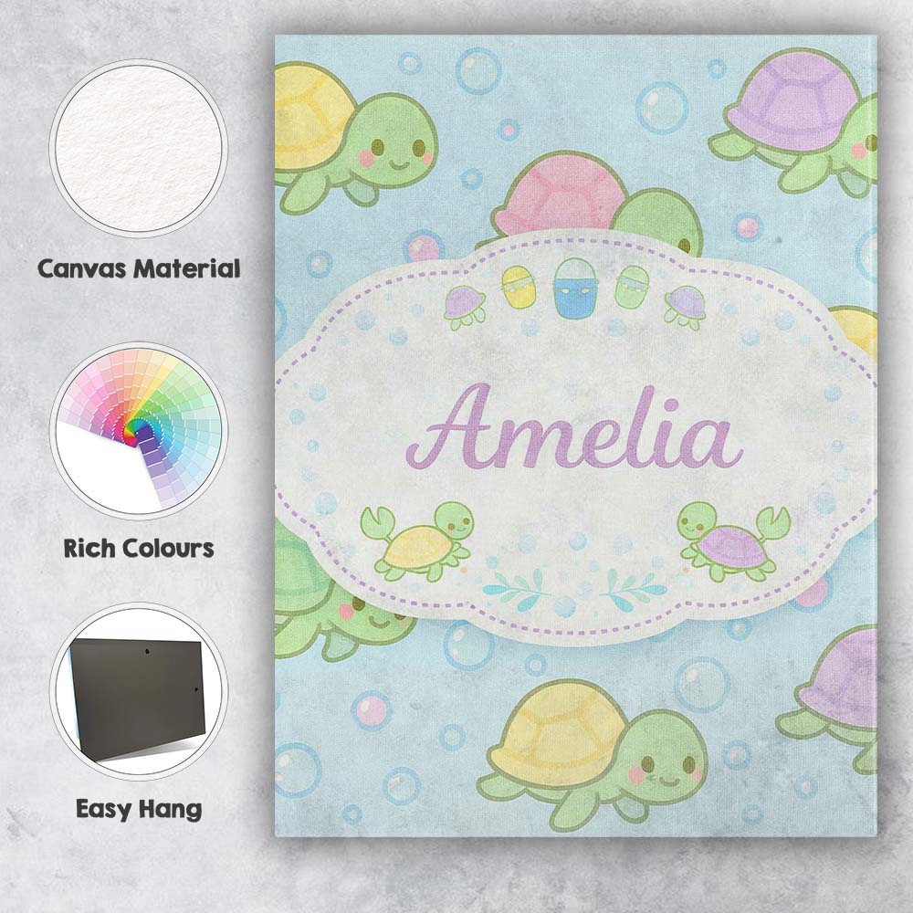 Personalised Name Cute Pastel Turtle Cartoon Animal Ocean Pattern Custom  Bespoke Canvas Wall Art Print Decor Picture Ready to Hang