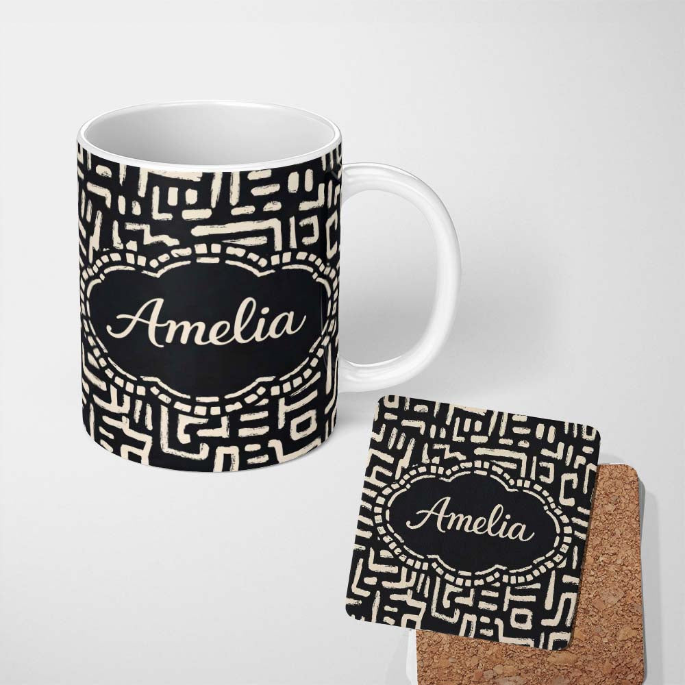 Personalized Custom Name Tribal Maze Lines Black Cream Geometric Abstract Pattern Lovely 11oz Ceramic Coffee Tea Mug White Large Handle