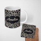 Personalized Custom Name Tribal Maze Lines Black Cream Geometric Abstract Pattern Lovely 11oz Ceramic Coffee Tea Mug White Large Handle