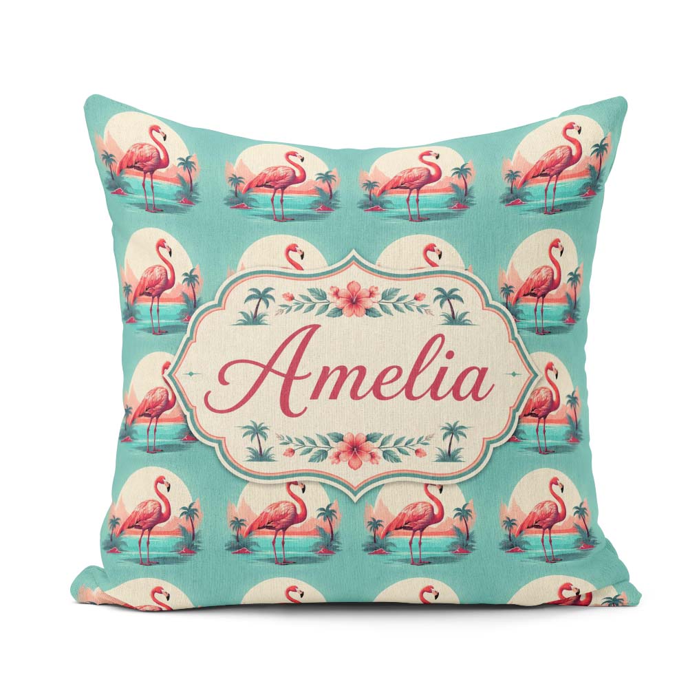 Custom Name Flamingo Island Sunset Scene Seamless Pattern Cute Square Filled Cushion Throw Pillow Sofa Bed Home Decor Zip Washable UK Made