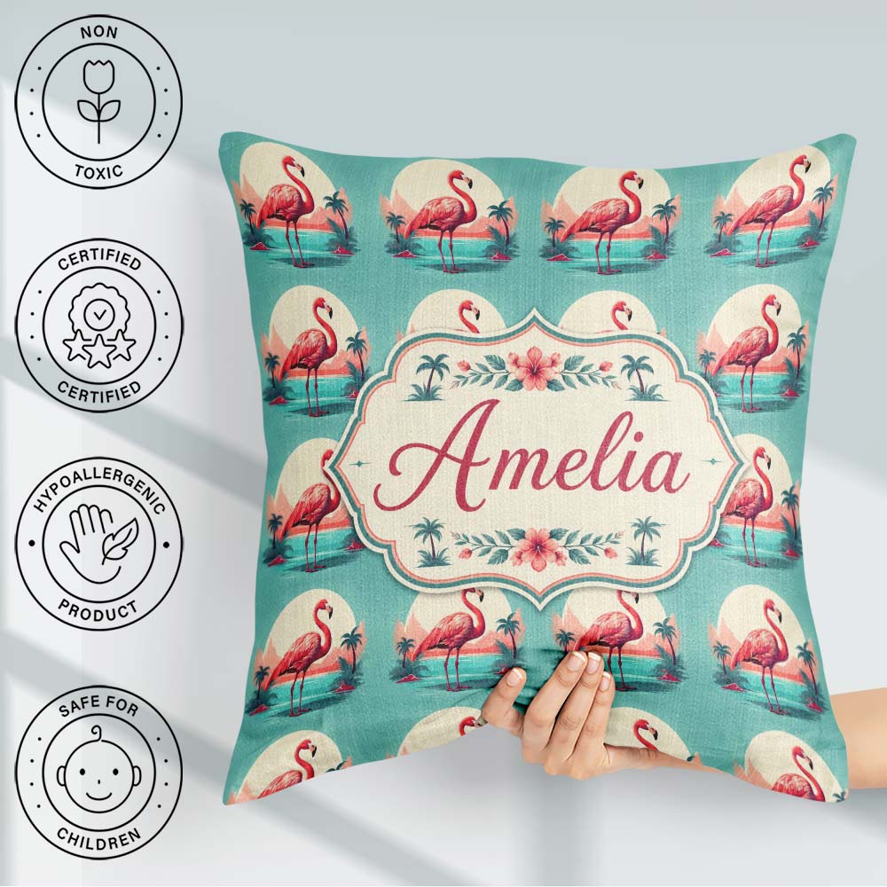 Custom Name Flamingo Island Sunset Scene Seamless Pattern Cute Square Filled Cushion Throw Pillow Sofa Bed Home Decor Zip Washable UK Made