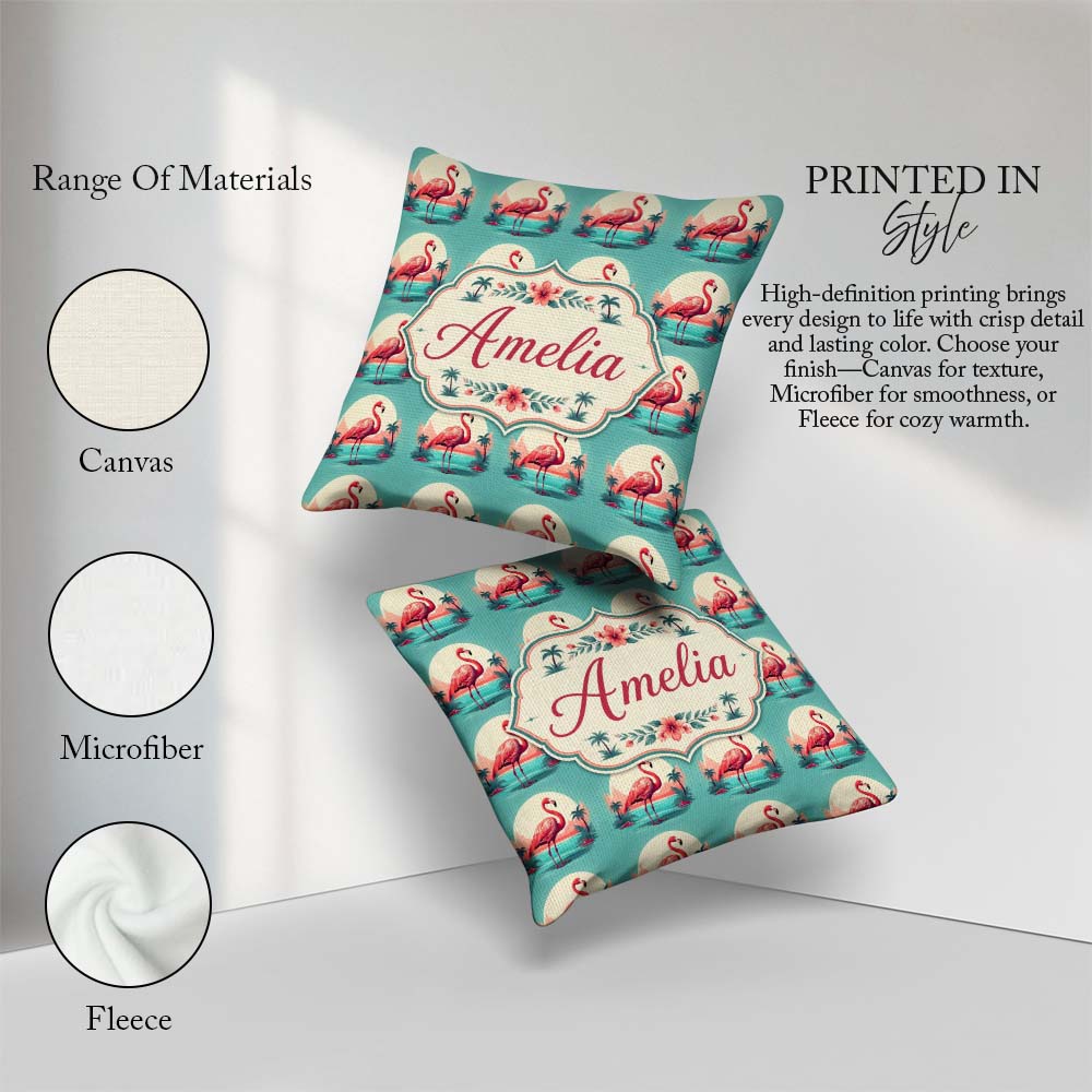 Custom Name Flamingo Island Sunset Scene Seamless Pattern Cute Square Filled Cushion Throw Pillow Sofa Bed Home Decor Zip Washable UK Made