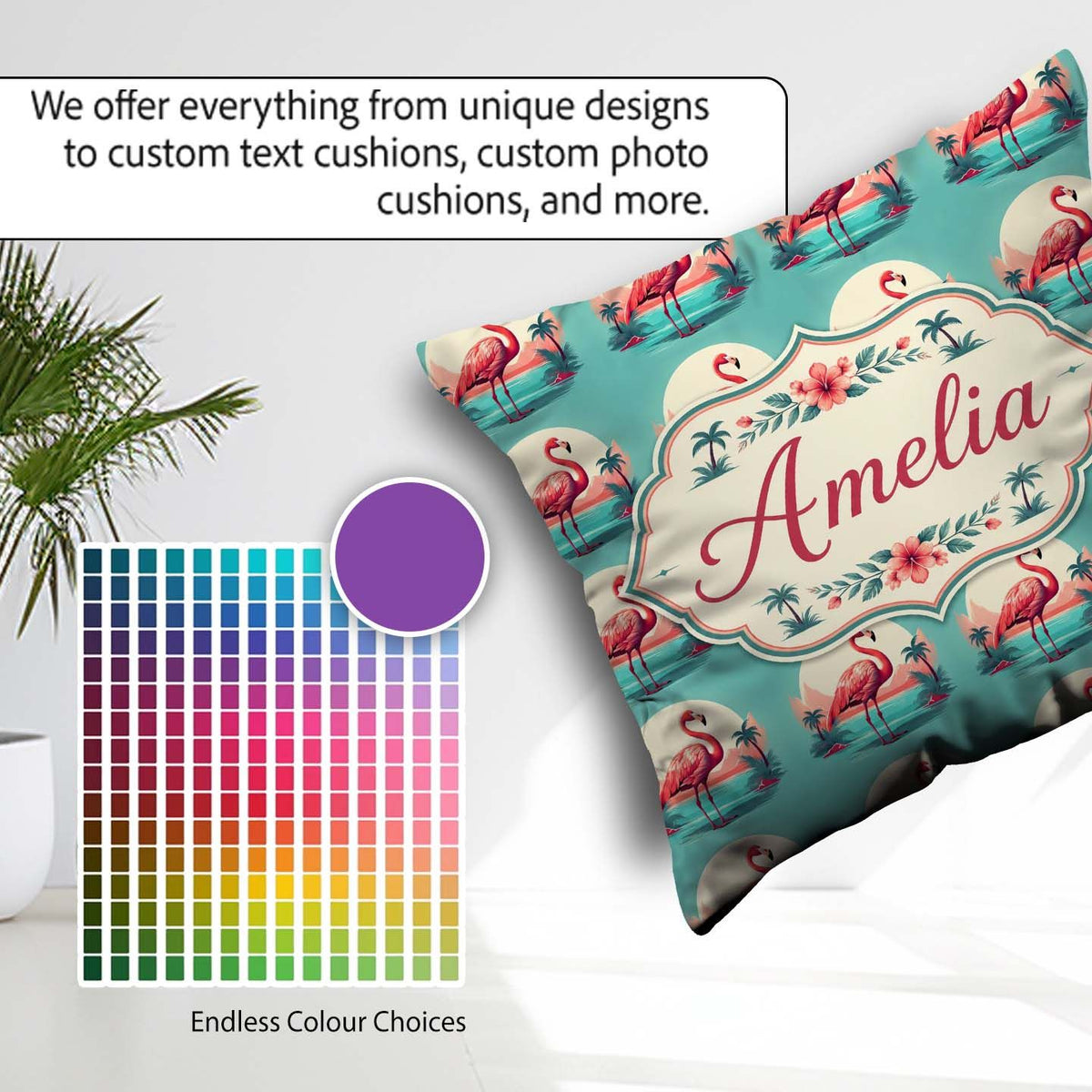 Custom Name Flamingo Island Sunset Scene Seamless Pattern Cute Square Filled Cushion Throw Pillow Sofa Bed Home Decor Zip Washable UK Made
