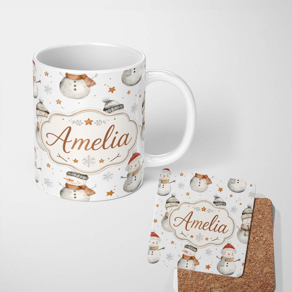 Personalized Custom Name Cute Winter Snowman with Scarf Hat Stars Seamless Pattern Lovely 11oz Ceramic Coffee Tea Mug White Large Handle