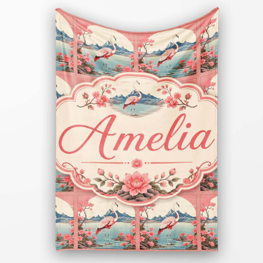 Elegant Flamingo Lake with Cherry Blossom and Mountain Scene Lovely  Personalised Custom Name Super Soft Fleece Blanket Bed Sofa Throw