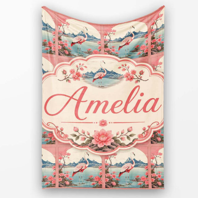 Elegant Flamingo Lake with Cherry Blossom and Mountain Scene Lovely  Personalised Custom Name Super Soft Fleece Blanket Bed Sofa Throw