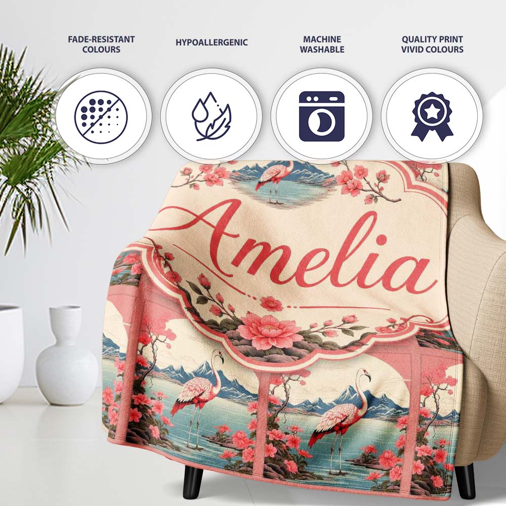 Elegant Flamingo Lake with Cherry Blossom and Mountain Scene Lovely  Personalised Custom Name Super Soft Fleece Blanket Bed Sofa Throw