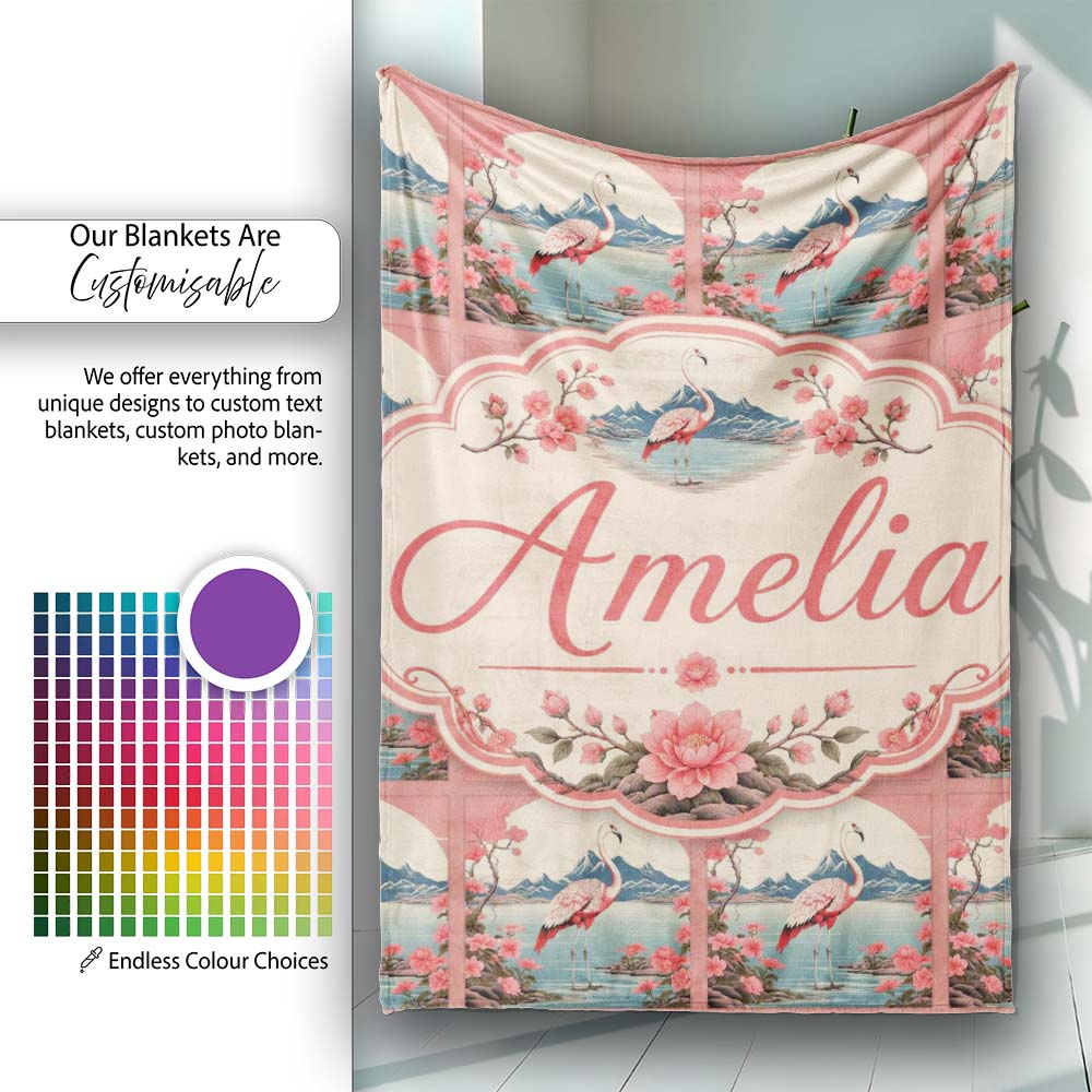 Elegant Flamingo Lake with Cherry Blossom and Mountain Scene Lovely  Personalised Custom Name Super Soft Fleece Blanket Bed Sofa Throw
