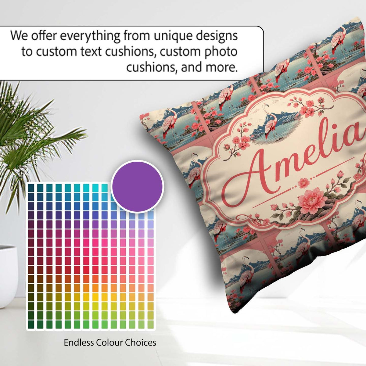 Custom Name Elegant Flamingo Lake with Cherry and Mountain Scene Square Filled Cushion Throw Pillow Sofa Bed Home Decor Zip Washable UK Made
