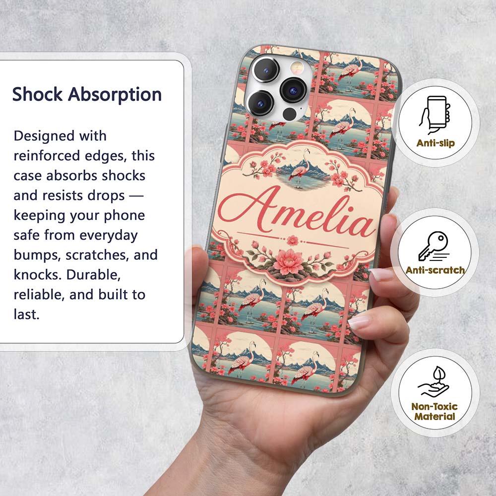 Elegant Flamingo Lake with Cherry Blossom and Custom Name Protective Phone Case Mobile Cover Durable Everyday Smartphone Shock Resistant
