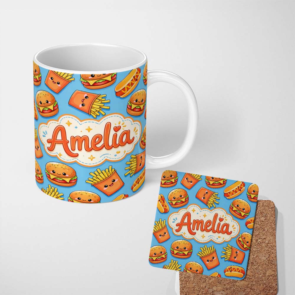 Personalized Custom Name Cute Kawaii Burger Fries Hotdog Fast Food Blue Background Seamless 11oz Ceramic Coffee Tea Mug White Large Handle