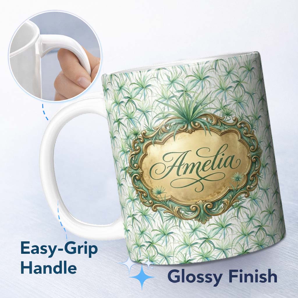 Personalized Custom Name Soft Green Air Plant Botanical Leaves Seamless Pattern Design Lovely 11oz Ceramic Coffee Tea Mug White Large Handle