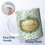 Personalized Custom Name Soft Green Air Plant Botanical Leaves Seamless Pattern Design Lovely 11oz Ceramic Coffee Tea Mug White Large Handle