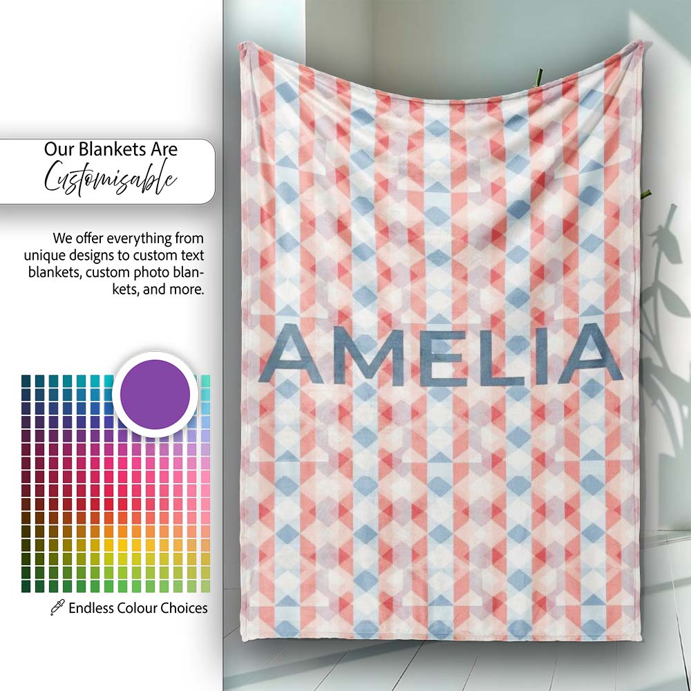 Soft Geometric Diamond Abstract Pattern in Red and Blue Seamless  Personalised Custom Name Super Soft Fleece Blanket Bed Sofa Throw
