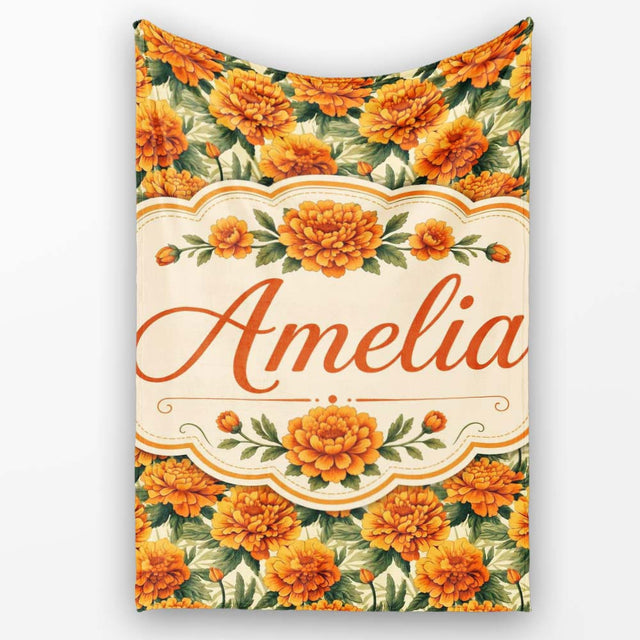 Orange Marigold Flower Garden Seamless Pattern Thoughtful Gift Idea  Personalised Custom Name Super Soft Fleece Blanket Bed Sofa Throw