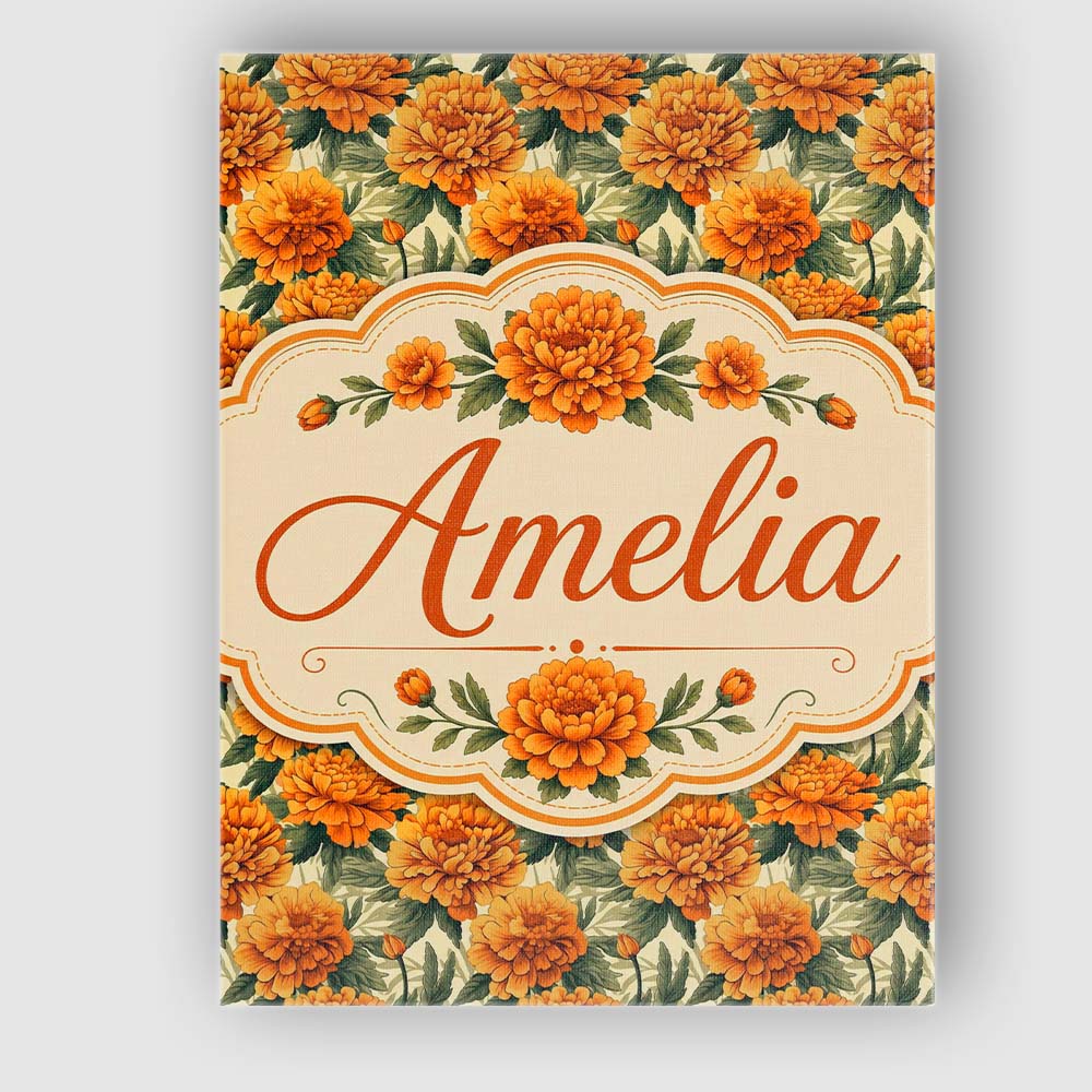 Personalised Name Orange Marigold Flower Custom  Unique Gift Idea Elegant Feature Canvas Wall Art Print Decor Picture Ready to Hang