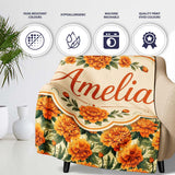 Orange Marigold Flower Garden Seamless Pattern Thoughtful Gift Idea  Personalised Custom Name Super Soft Fleece Blanket Bed Sofa Throw