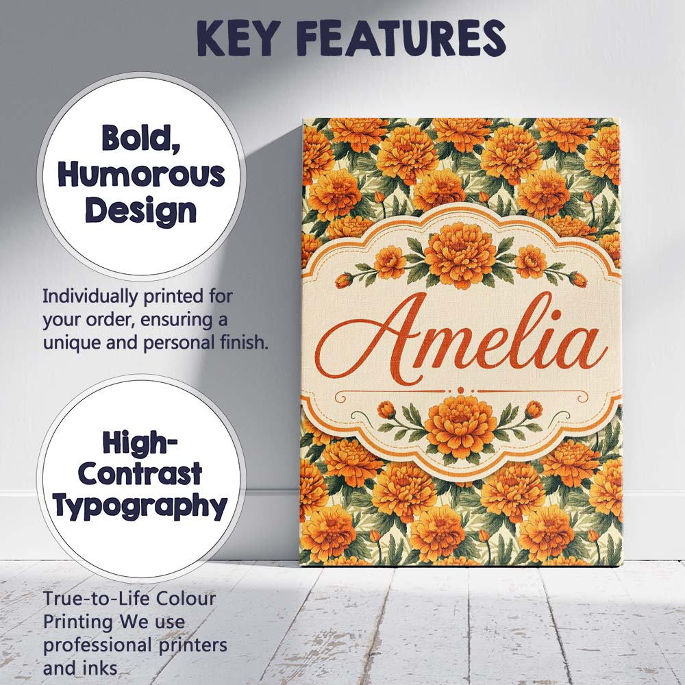 Personalised Name Orange Marigold Flower Custom  Unique Gift Idea Elegant Feature Canvas Wall Art Print Decor Picture Ready to Hang